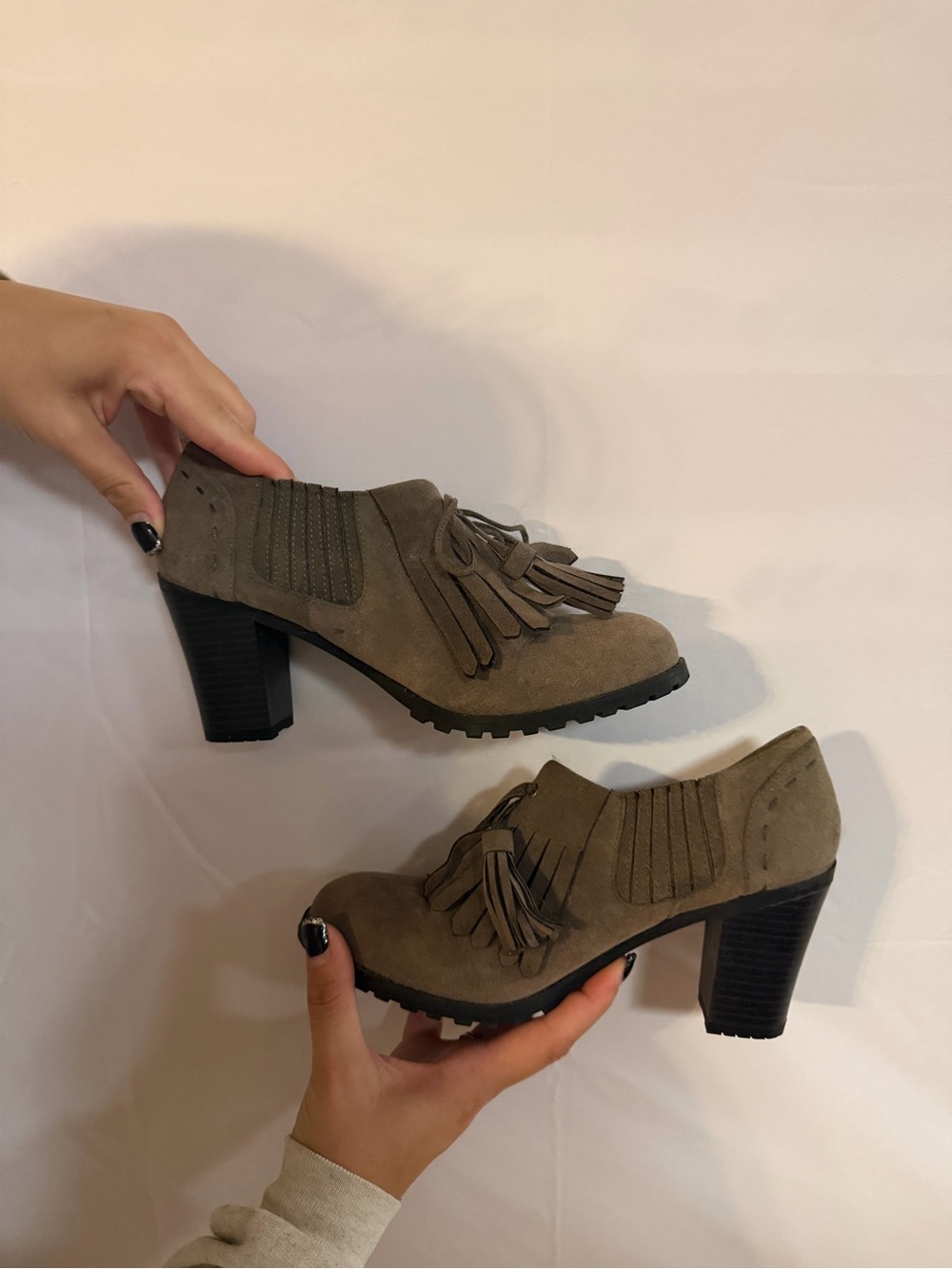 Women's Taupe Suede Fringe Block Heel Shoe